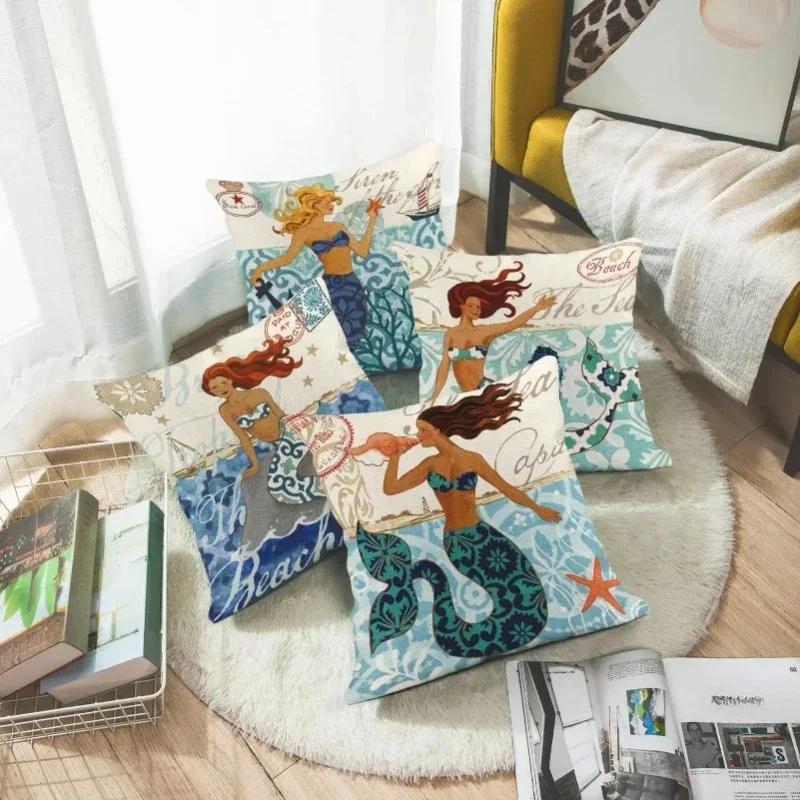 1PC Mermaid Sea Seahorse Octopus Print Pillowcase Ocean Organism Theme Pillowcase Living Room Sofa Cushion Cover Room 45x45cm