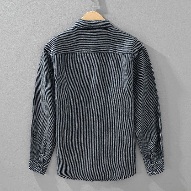 Men's Striped Cotton-Linen Shirt, Spring and Autumn Casual Comfortable Turn-Down Collar Loose Linen Long-Sleeve Versatile Shirt