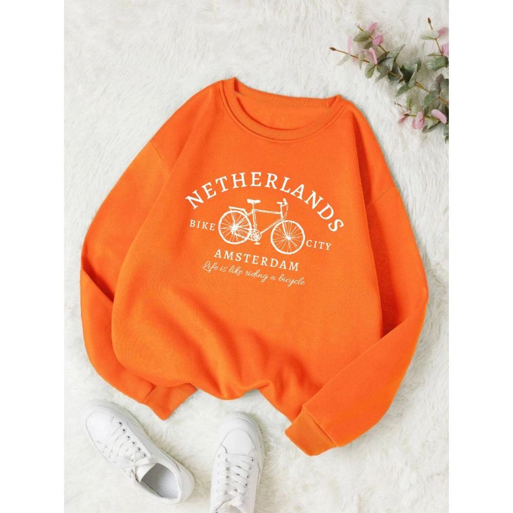 Netherlands Amsterdam Bike Design Womens Pullovers Casual Sweatshirt Autumn Loose Clothes Crewneck All-Match Sportswears