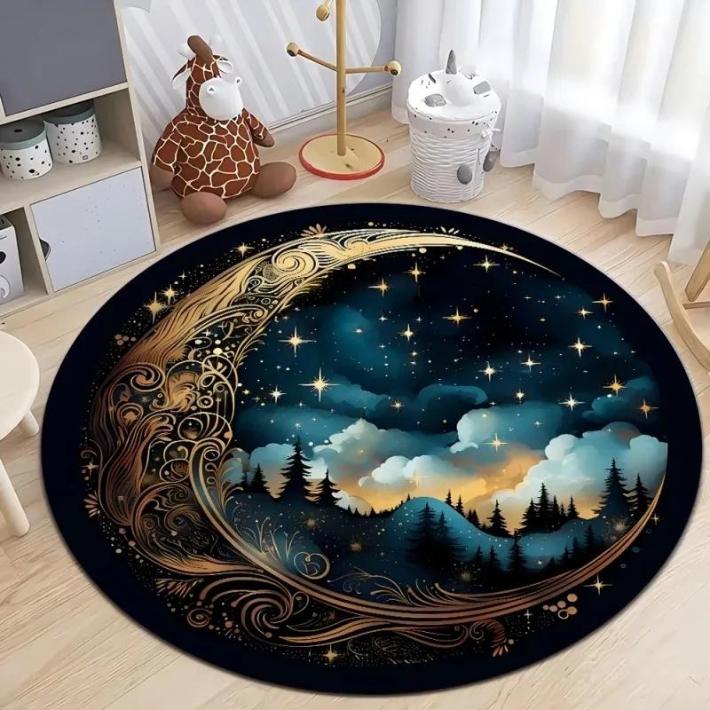 Crystal Velvet Astrology Moon Stars Round Rug, Celestial Print Non Slip Washable Floor Mat for Living Room, Bedroom, Home Decor
