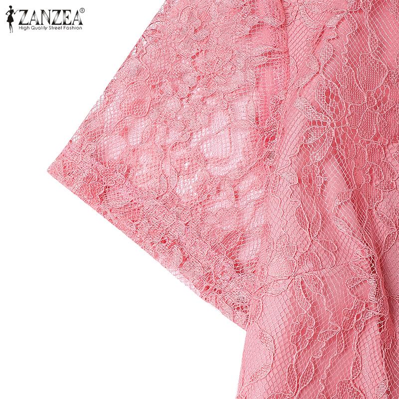 ZANZEA Damen Lässig Rundhals Kurzarm Sommer Patchwork Spitzenkleid