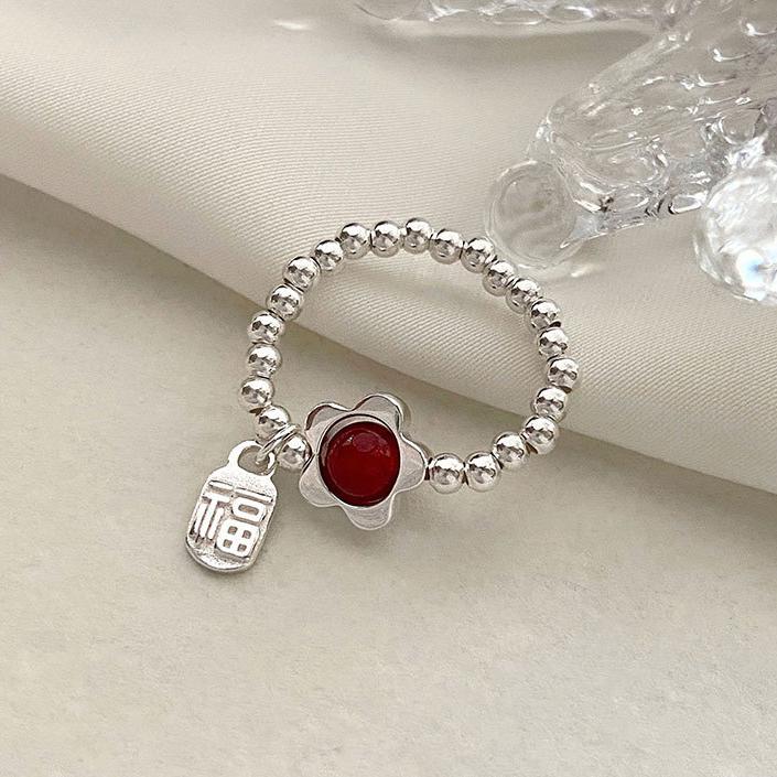 PONYKISS Sterling Silver Agate Flower Bell Bead Elastic Rope Rings for Women Cute Fine Minimalist Accessories