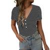 Women's Fashion Stripe V Neck Short Sleeved Pullover Casual T-shirt Top