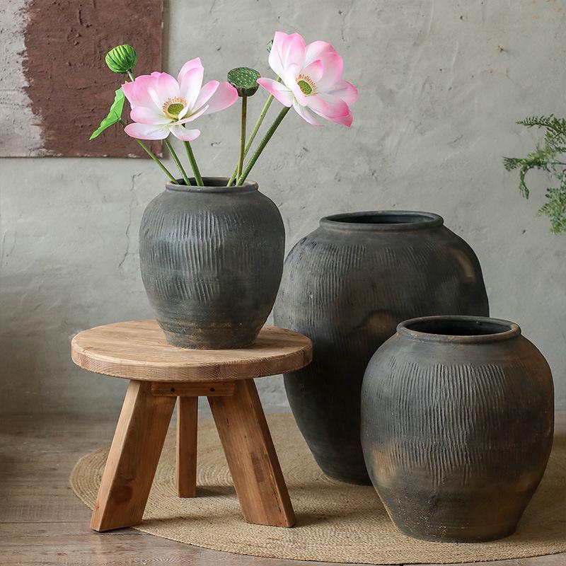 Wabi-Sabi Style Large Grey Ceramic Vase for Living Room Decor