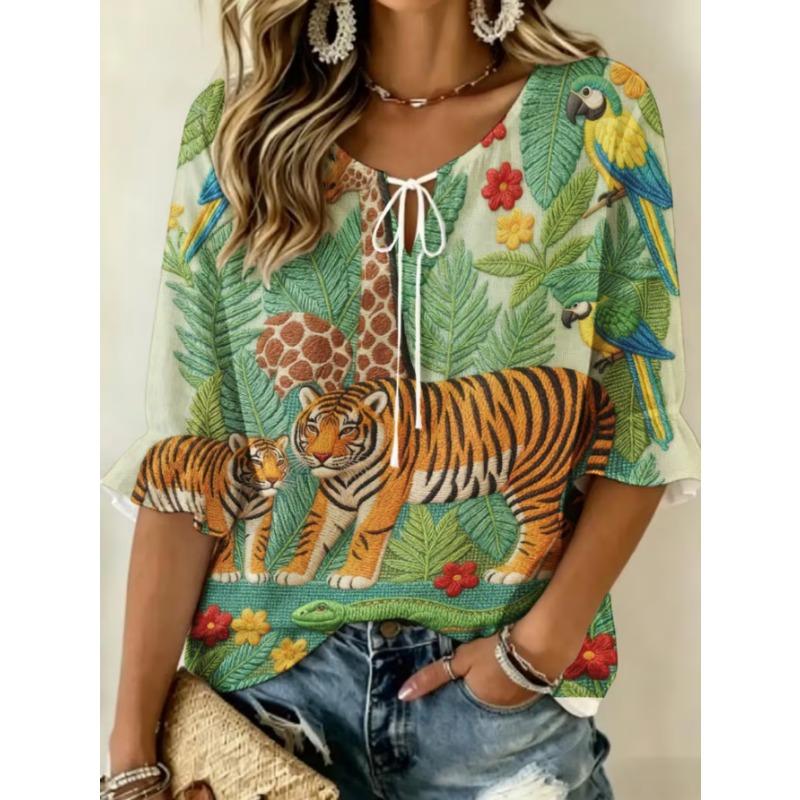 Women's Elegant Printed Lace-up Flared Top, Stylish and Versatile, Comfortable and Skin-friendly