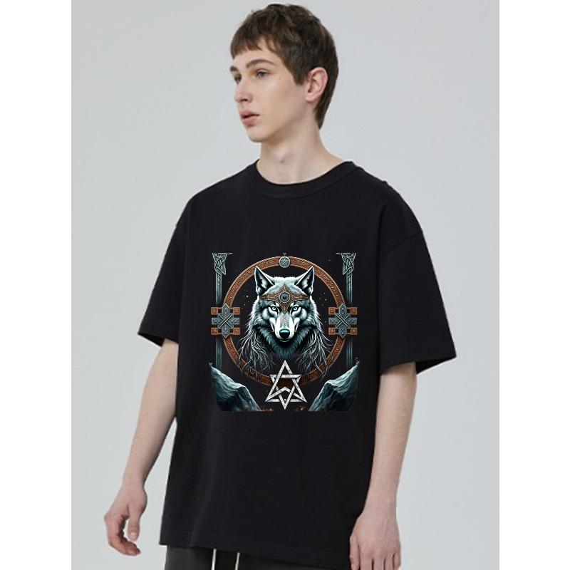 Men's Black T-Shirt Wolf Norse Symbolic Design With Celtic Cross And Star For Casual Wear