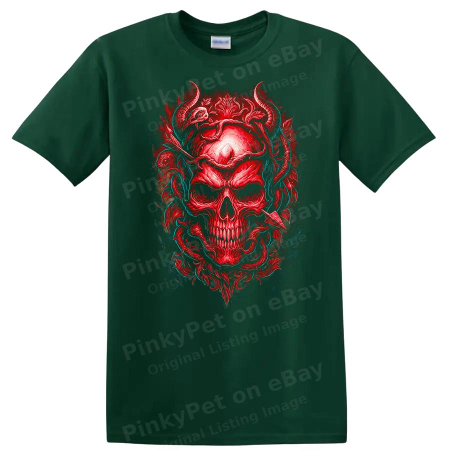 Skull T Shirt Red Crystal Horns Floral Design Cool Graphic Tee