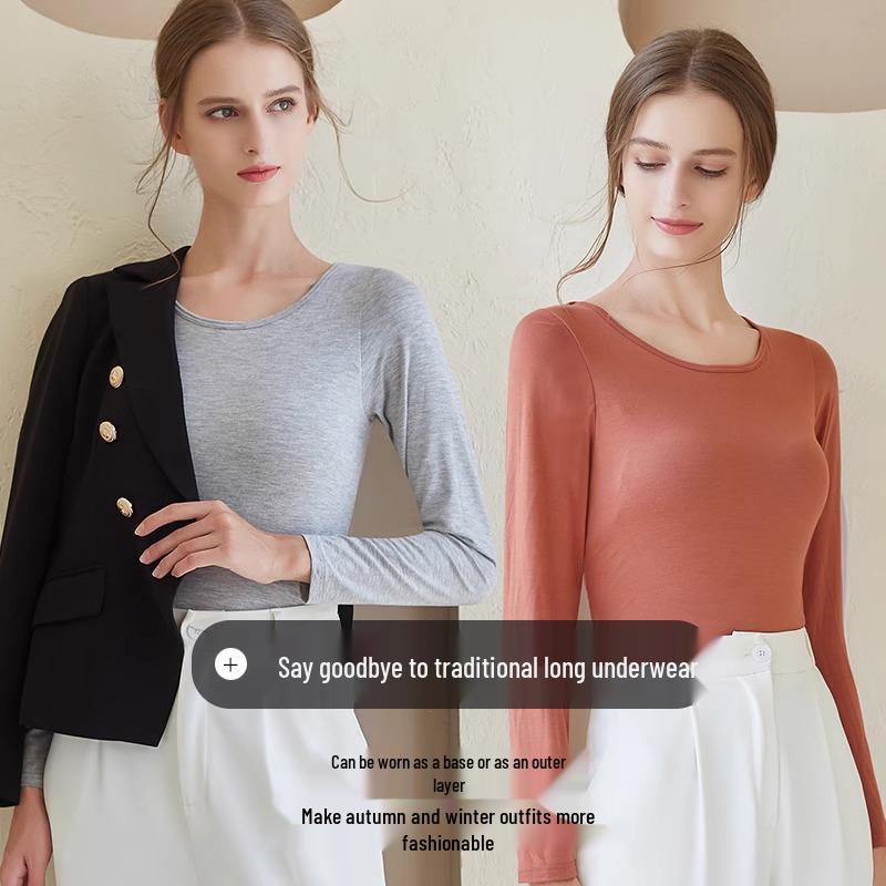 Modal Long-Sleeve Women's Base Shirt with Chest Pads, No Underwire, Integrated Cup, Autumn/Winter Outerwear & Sleepwear