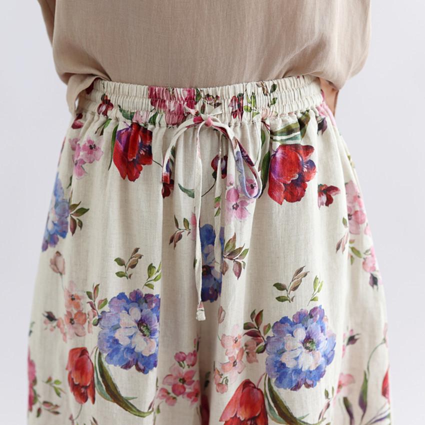 DIMANAF 2026 Summer New Plus Size Women Floral Long Pants Cotton Linen Vintage Loose Elastic Waist Casual Lady Bottoms
