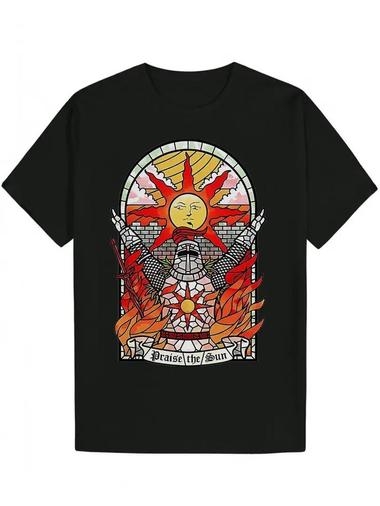 Retro Style Men039;s Black T-Shirt | Sun amp; Flames Design 034;Praise the Sun034; Text Ca Unisex T-Shirt M