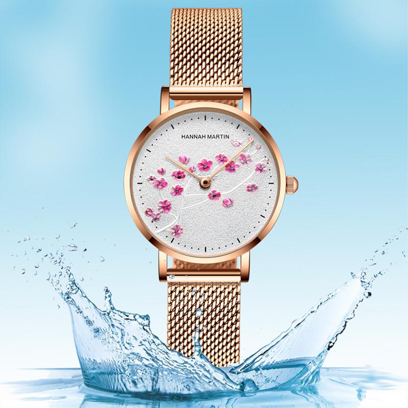 Hannah Martin Damen Luxus Neue 3D Kirschblüte Serie Stahl Gürtel Wasserdicht Quarz Damen Uhr Romantische Kirschblüte Uhr Frauen