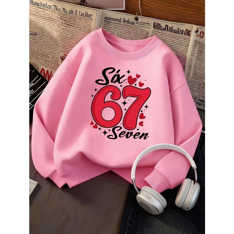 Kids Unisex Crewneck Sweatshirt, Red Heart Number 67 Six Seven Print Long Sleeve Pullover, Boys Girls Birthday Sweatshirt For Kids Over 4 Years Old