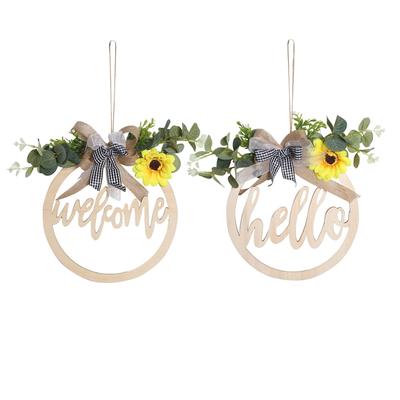 Round Outdoor Hanging  Ornament Wooden Pendant Welcome/hello Sign Wreath Set With Bow Home