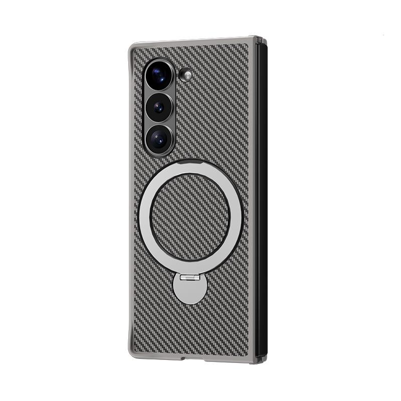 Carbon Fiber Leather Rotating Ring Bracket Phone Case for Samsung Galaxy Z Fold 6 5 4 Fold6 Fold5 Fold Protective Cover