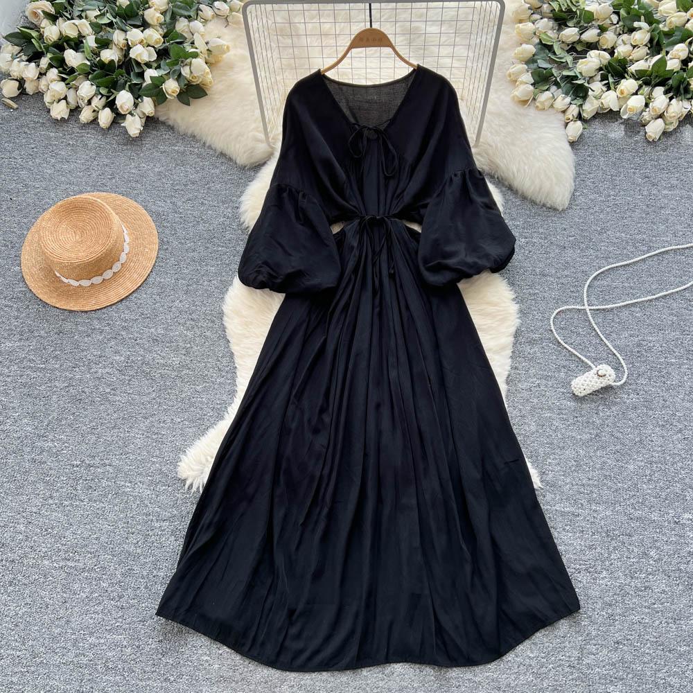 Retro V-Neck S páskem v pase Lucernový rukáv Délka ke kolenům A-Line Midi šaty Korejský Sle Letní Dlouhé šaty pro ženy