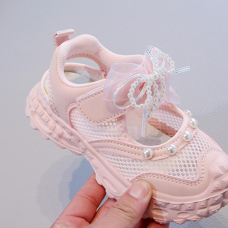 Summer new children's frame shoes girls pearl bow sports sandals single mesh breathable princess training shoes