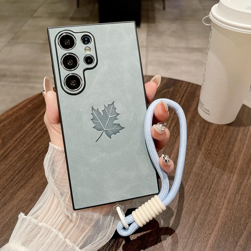 

Кожаный тонкий матовый чехол для телефона с принтом кленового листа для Samsung S25 Edge S24 FE S23 Ultra A56 A36 A16 A55, однотонный, противоударный, мягкий, со шнурком, чехол-бампер Samsung A52 5G светло-синий