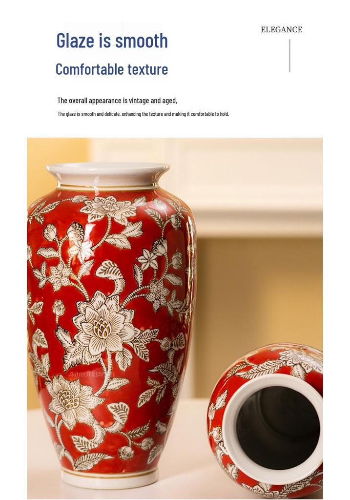Red New Year Ceramic Vase - Chinese Desktop Ornament for Flowers