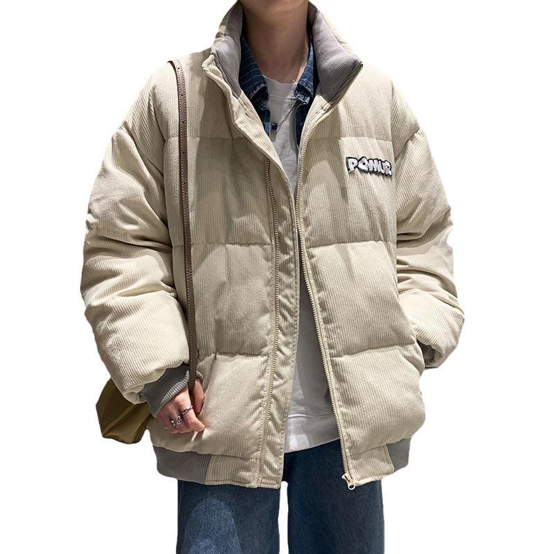 Men's Retro Corduroy Stand Collar Jacket, Autumn/Winter, Thickened with Letter Patch, Color Melange, Cotton Padded Outerwear.