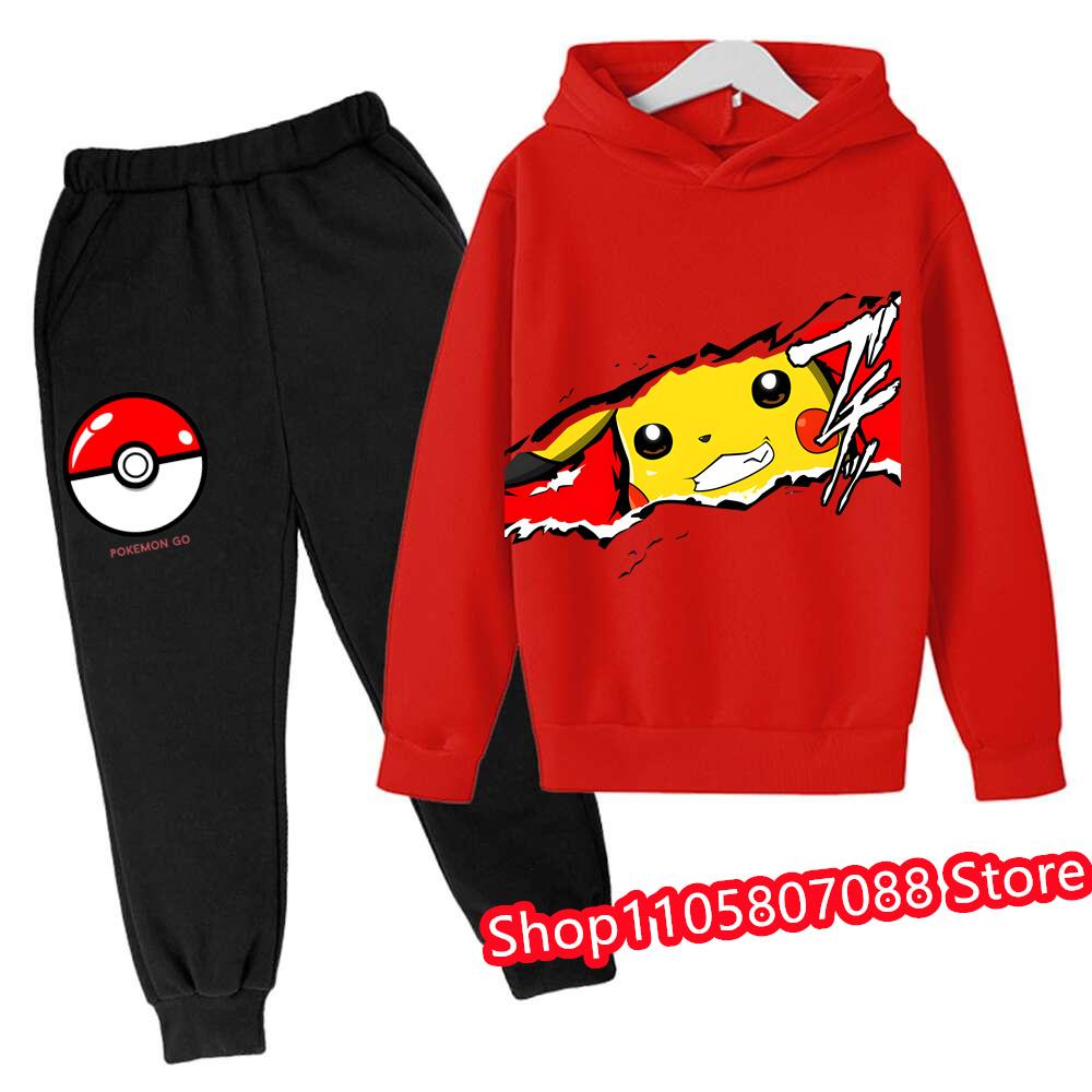 2026 Jaro Podzim 3-14 let Děti Pikachu Kreslená Mikina Set Oblečení pro Kluky Outfit pro Holky