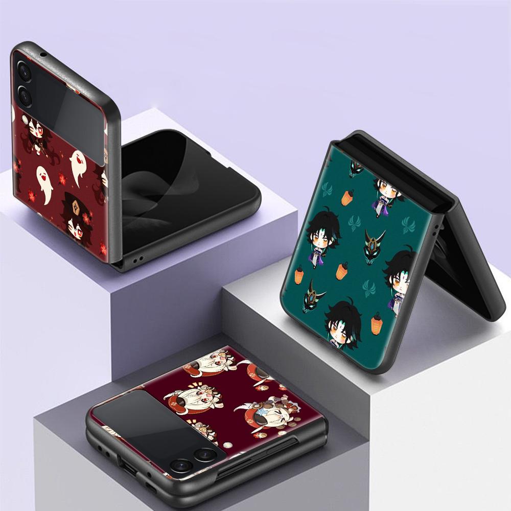 Genshin Impact Art Background For Samsung Galaxy Z Flip 4 3 5G Phone Case Black Hard Cover ZFlip 4 3 Luxury Shockproof Bumper Co