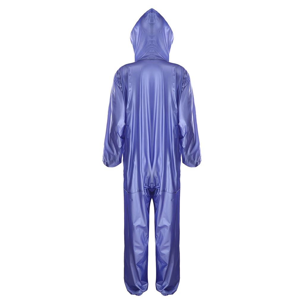 Unisex Full Body Hooded Raincoat Drawstring Hood Front Button Zipper One Piece Waterproof Jumpsuit Workwear
