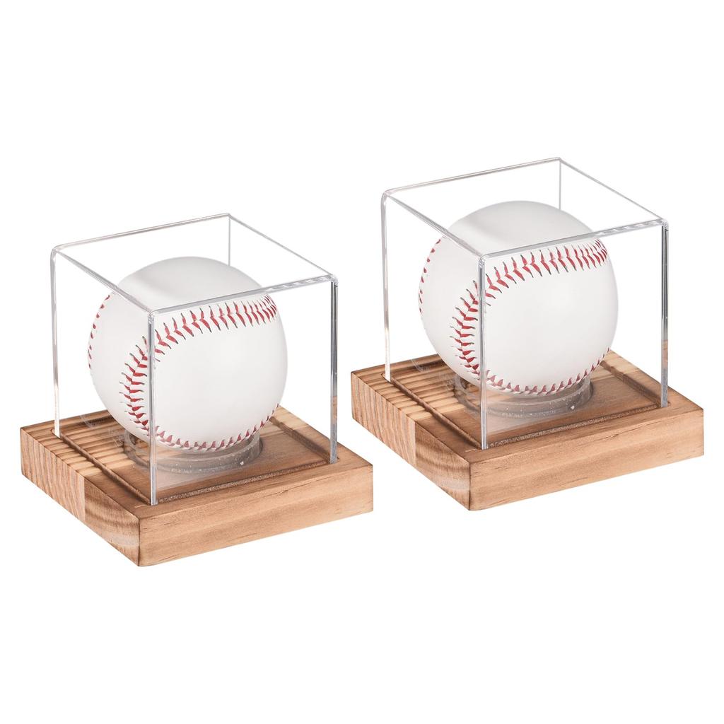 uxcell Set of 2 Baseball Display Cases with Wooden Base Acrylic Baseball Holder Display Memorabilia Balls in a Showcase Walnut Wood