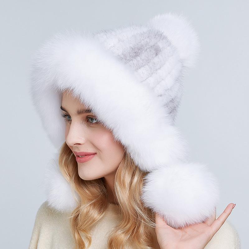 Winter Real Mink Fur Hat for Women Fox Fur Pompom Ear Protect Caps Warm Lined Knitted Fur Beanie Hat With Custom Logo