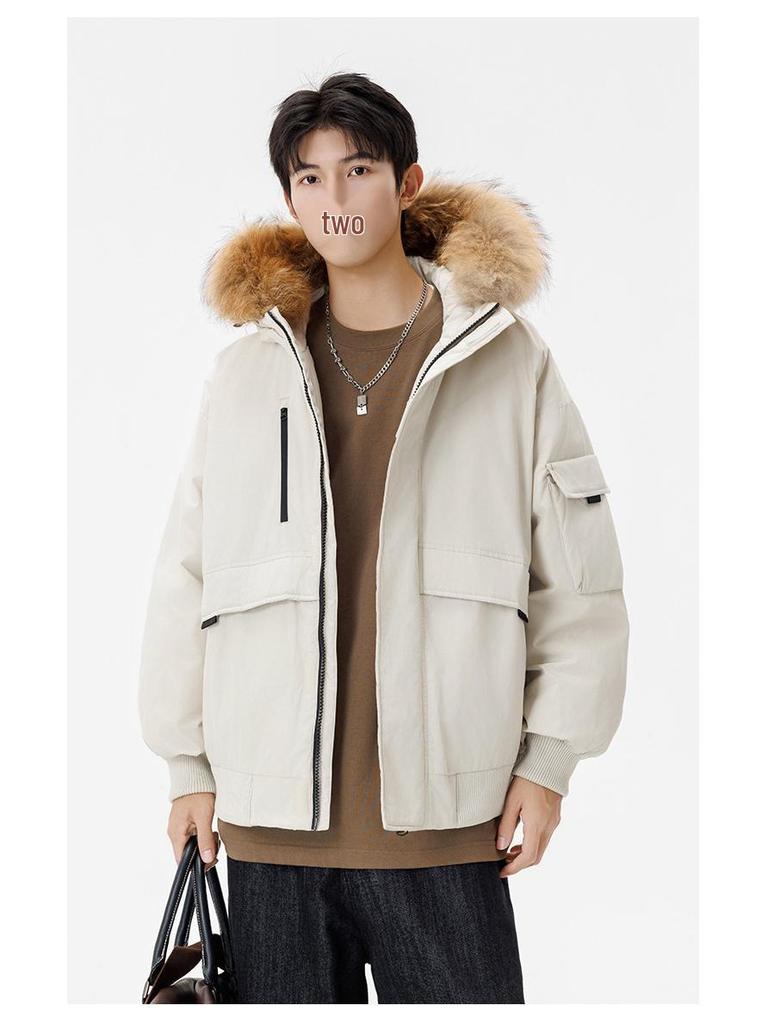 Men's and Women's Thickened Winter Down Jacket with Fur Collar, 90% White Duck Down Hooded Parka.