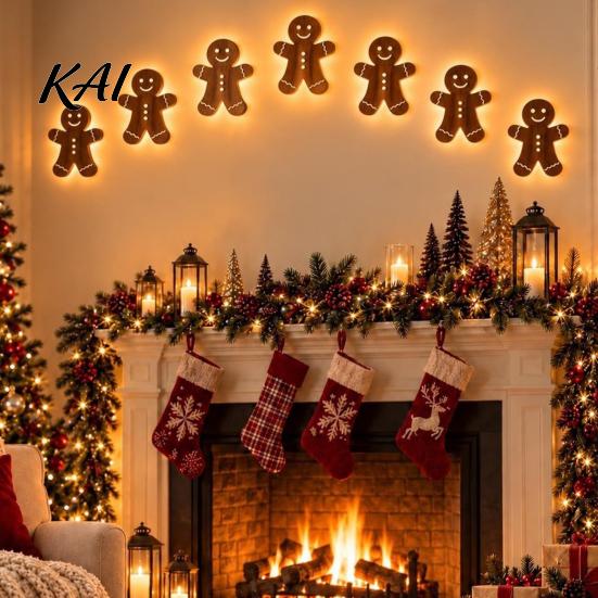 Rustic Christmas Home Ornaments 7PCS Wooden Wall Lights, Warm LED Backlight Glowing Silhouette Decorative Elk Figures Pendants, Style Hanging