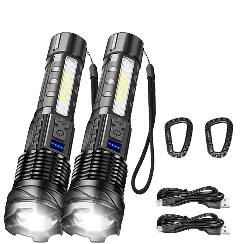 XHP50 High Power LED Flashlight Tactical COB Side Light Zoomable Torch Spotlight Rechargeable Waterproof Self-defense Flashlight