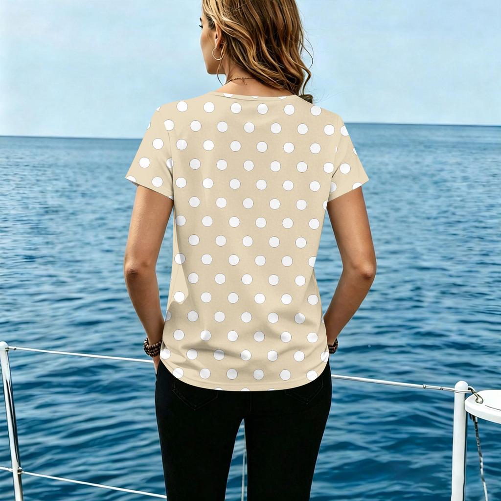 Camiseta Casual Feminina de Bolinhas Manga Curta com Botões na Frente Gola Redonda Tecido Leve e Macio Caimento Solto