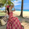 Seaside Vacation Pink Plaid Suspender Dress Is Beautiful, Beautiful and Unique Waist Temperament Long Dress In Summer