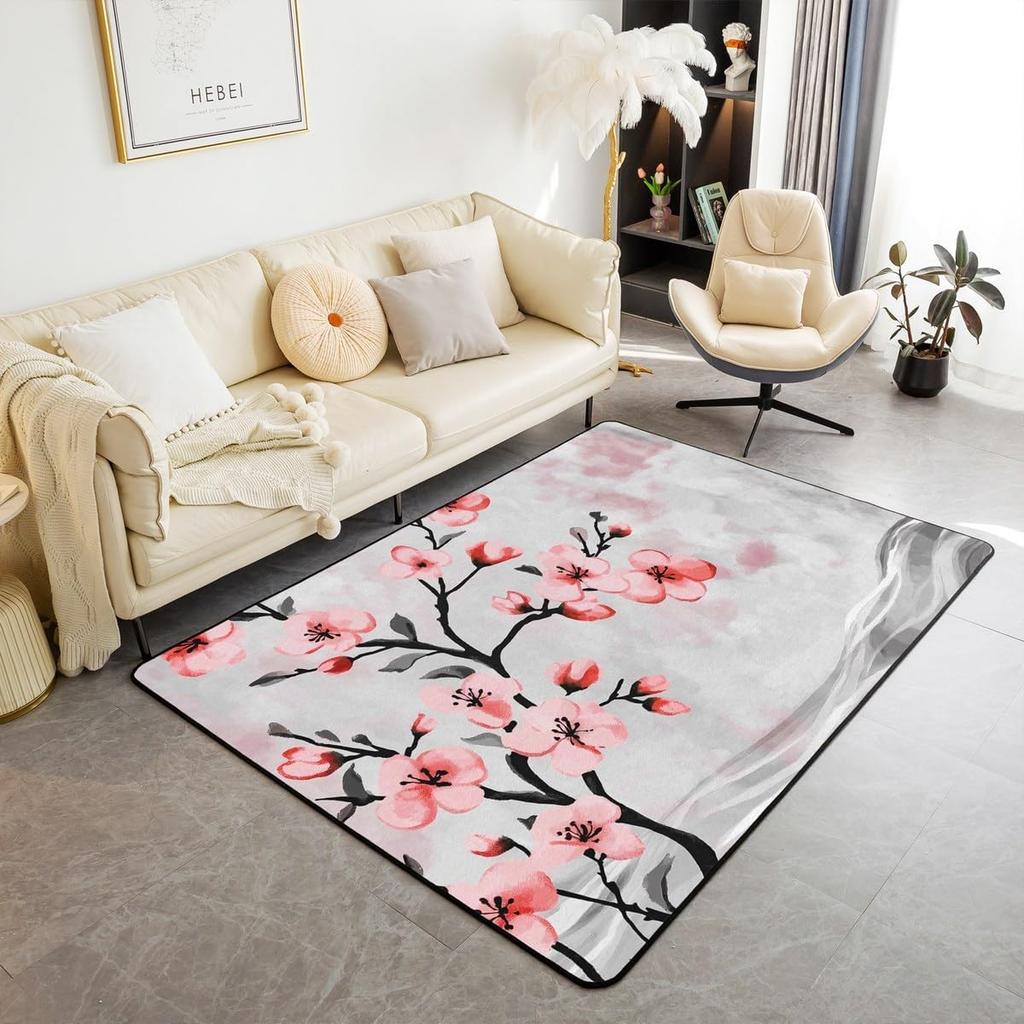 Japanese Ukiyo-e Geisha & Cherry Blossom Print Area Rug, Non-Slip Floor Mat for Living Room Bedroom Home Decor Carpet