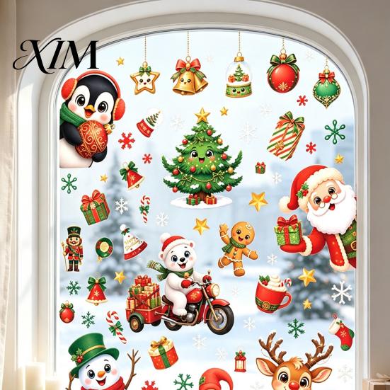 Easy Paste Window Decorations 6Pcs Christmas Cling, Santa Snowman Penguin Reindeer Static Glass Removable Holiday Decals for Storefront, No