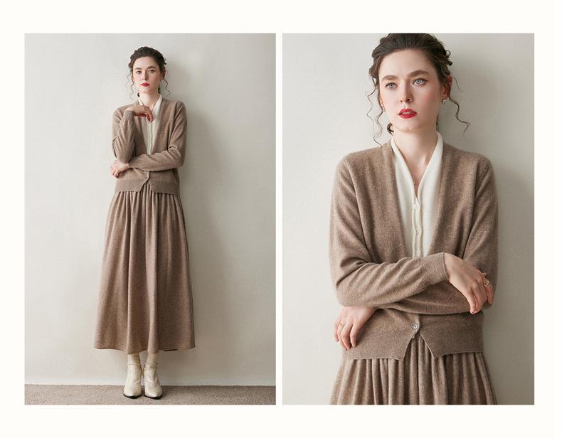 Autumn-Winter Women's V-neck Color Block Cashmere Cardigan - Elegant Two-Piece Knit Sweater
