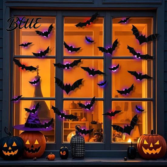 Removable Wall Decal Halloween LED Stickers Glow-in-the-Dark Bat & Spider Decorations Battery-Powered Hanging Ornaments Night Light Sticker