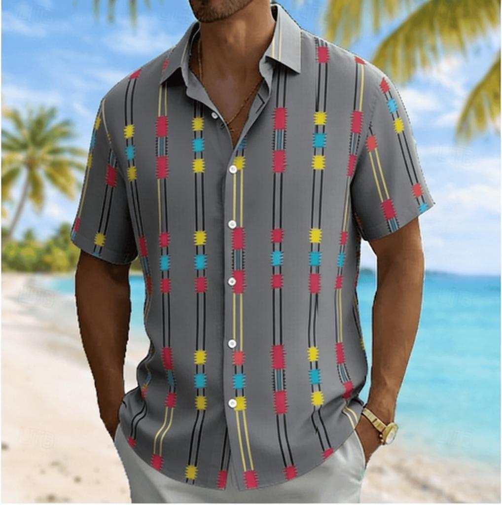 Men's Color Block Geometric Vertical Stripe Print Short Sleeve Shirt, Summer Casual Turn-Down Collar Blouse, Loose Fit Top