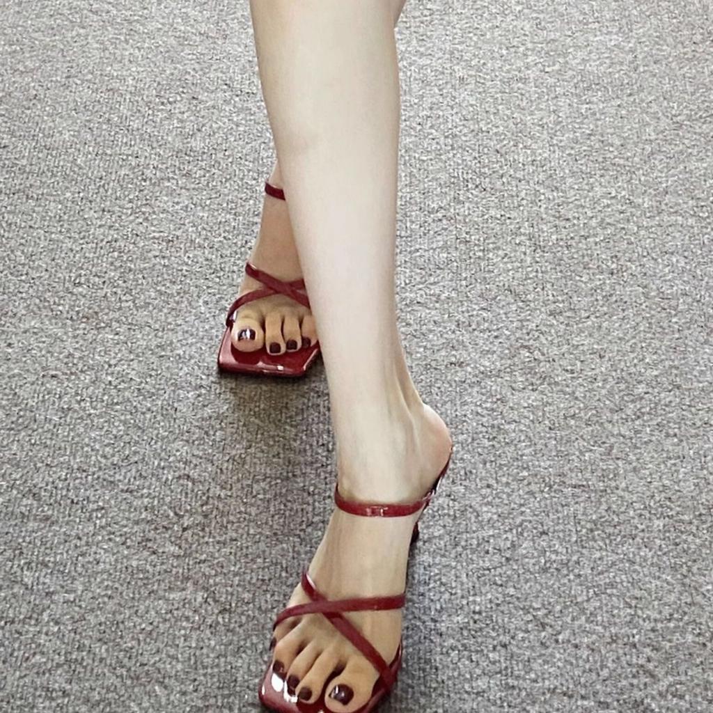 Super white! Can wear slippers outside women's summer 2025 new red cross with square head stiletto high heel sandals