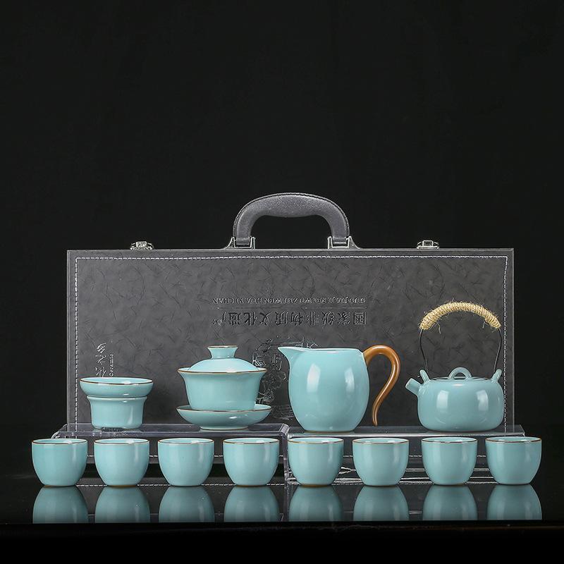 Ru kiln color tea set, a complete set of household ceramic beam teapot cover bowl teacup, light luxury high-end Kung Fu tea