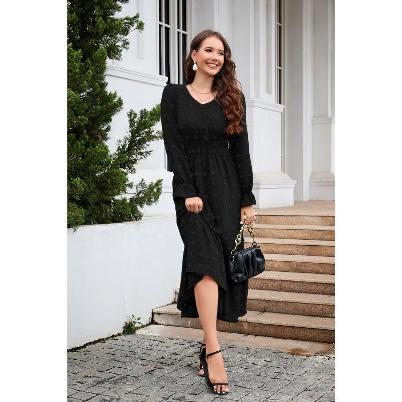 New V-neck Long-sleeve Dress Jacquard Waist Dresses