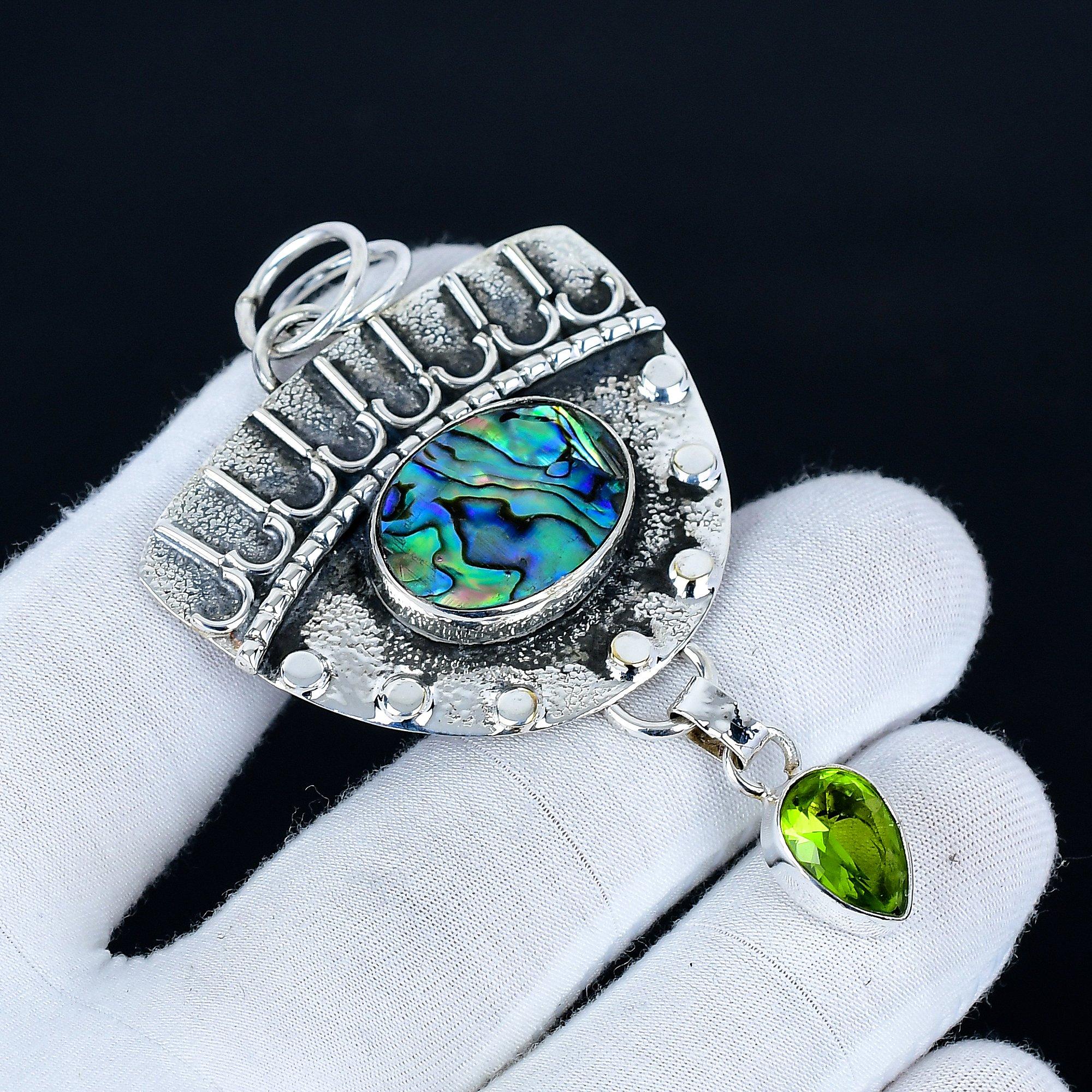 

Abalone Shell Pendant, 925 Sterling Silver Handmade Jewelry, Peridot Silver Pendant, Party Wear Jewelry For Women s, Pendant Unique Gift 7 Cm синий