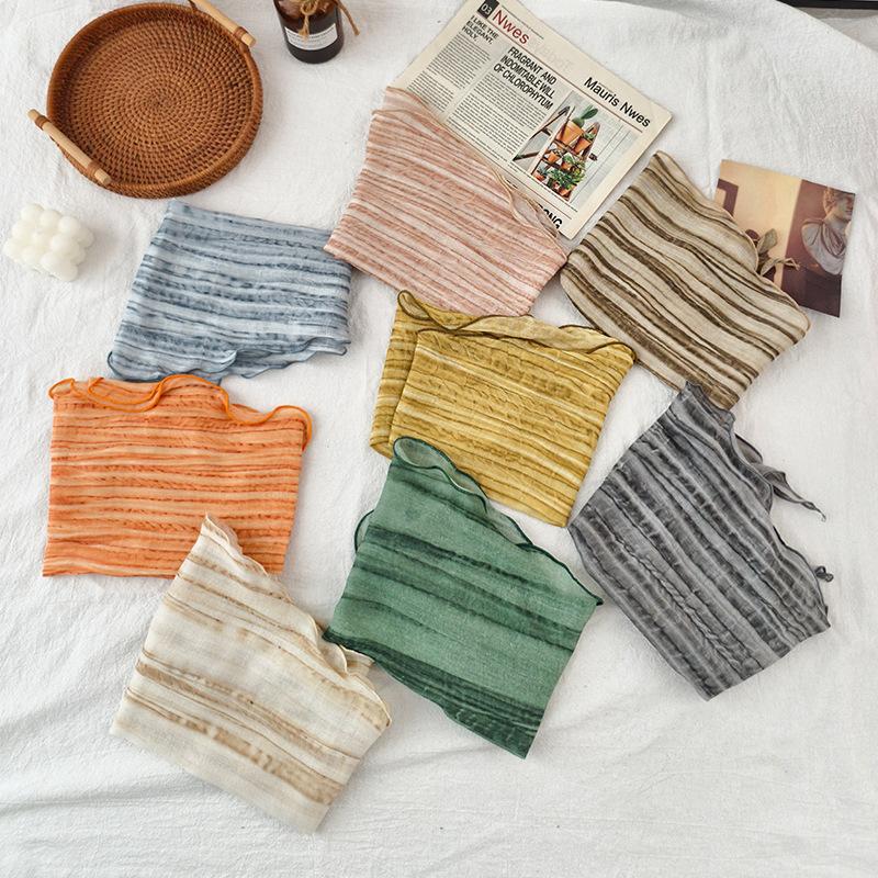 Baumwolle und Leinen Weicher Batikgestreifter Diamantförmiger Schal für Damen im Sommer, Dünner und farbenfroher Nackenschutzschal Stirnband