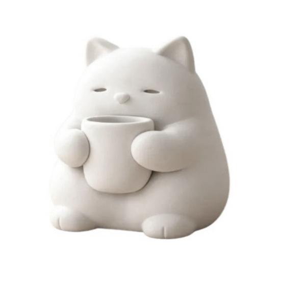 

Mini Cute Cat Figurine 3D Printed Drinking Tea Cat Statue Small Desktop Ornament for Living Room Bedroom Office Shelf Decor белый