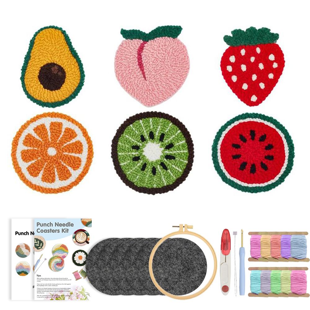 

6Pcs Punch Needle Coasters Kit for Adults Funny Easy Art Punch Needle Embroidery Kit 6 Fruit Pattern Tufted Rug Pads