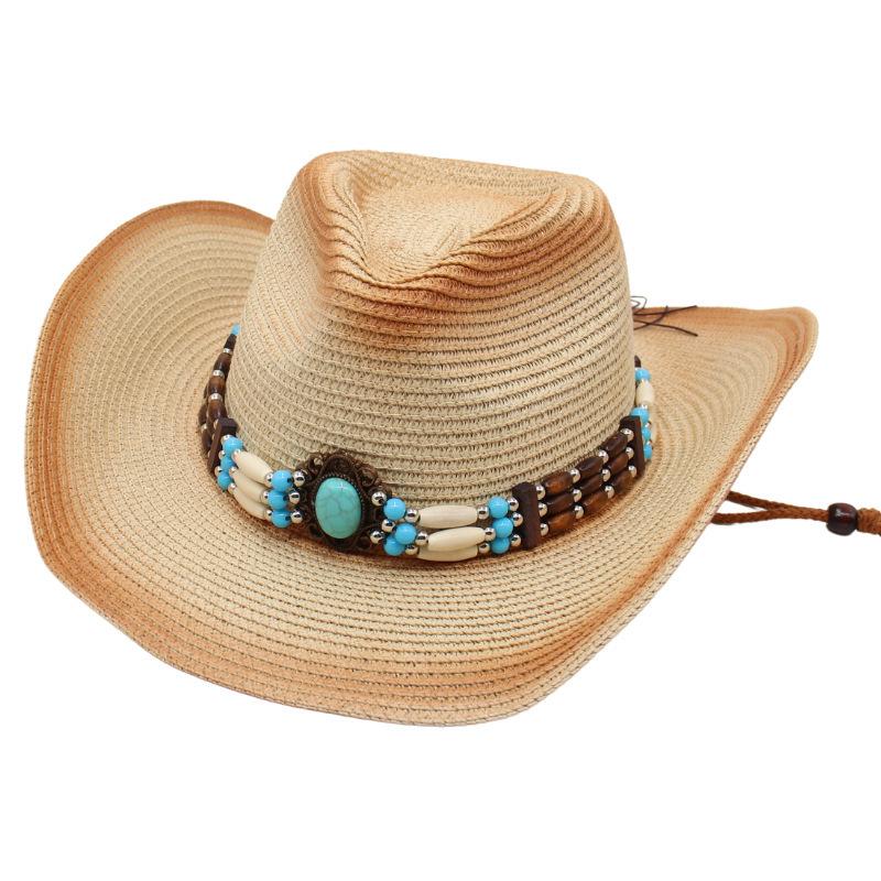Gem Western Cowboy Straw Hat Seaside Sunscreen Sun Hat Ethnic Breathable Hand Woven Beach Hat