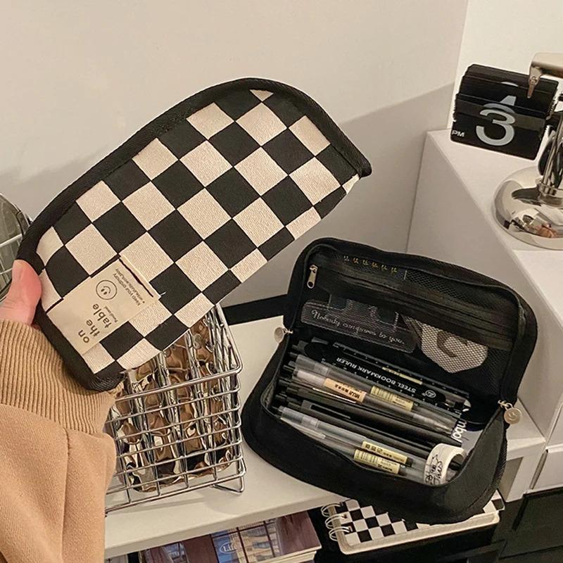 Kawaii Aesthetic Simple Black White Plaid Canvas Pencil Case Student School Stationery Bag