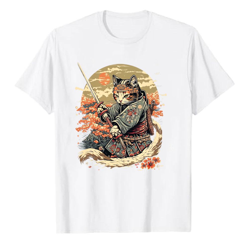 Samurai Cat TShirt Japanese Ukiyoe Cat Samurai Graphic Tee Cherry Blossom Katana Warrior Shirt Aesthetic Cat Lover Gift