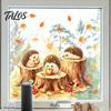 Harvest Theme Party Supplies Little Hedgehog Tree Stump Static Sticker, Watercolor Decorative Window Glass Stickers Decal, Reusable PVC Cling