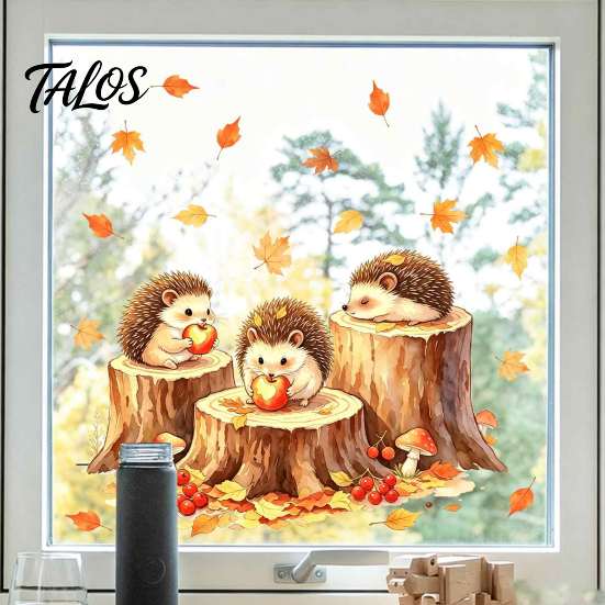 Harvest Theme Party Supplies Little Hedgehog Tree Stump Static Sticker, Watercolor Decorative Window Glass Stickers Decal, Reusable PVC Cling